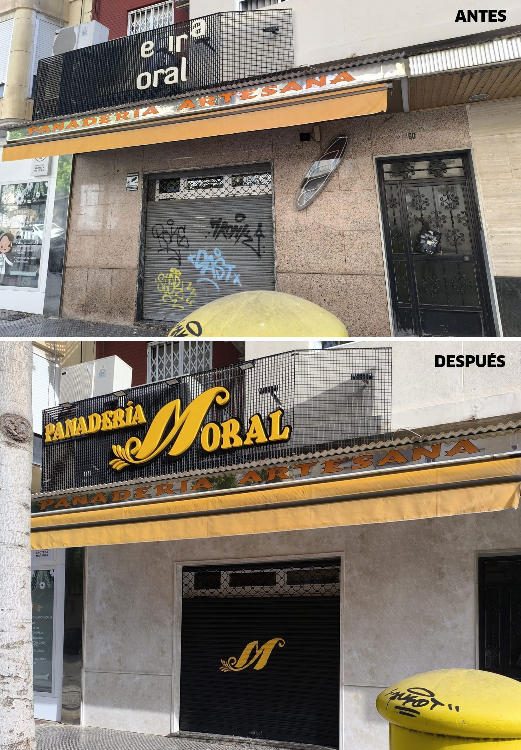 LETRAS CORPOREAS, ROTULACIÓN FACHADA CON PANEL COMPOSITE Y VINILO + LOGO PINTADO EN PERSIANA